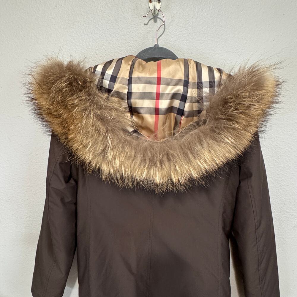 Burberry London Babthorpe Brown Parka Nova Check Fur Trim Hood Large - Picture 9 of 14
